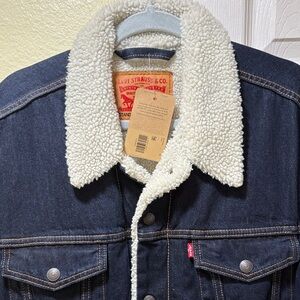 Levi's Dark Blue Denim Trucker Jacket with Cream Sherpa Collar